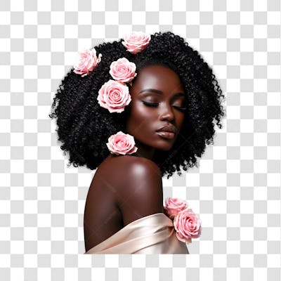 Linda mulher africana olhando por cima do ombro com os olhos fechados rosas na cabeça