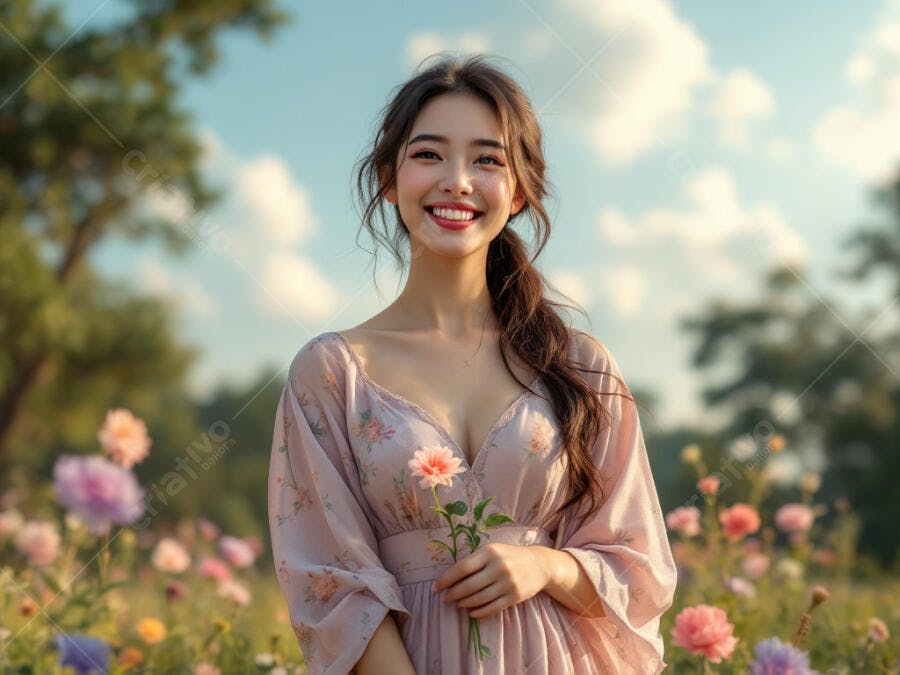 Mulher asiática sorridente em campo de flores