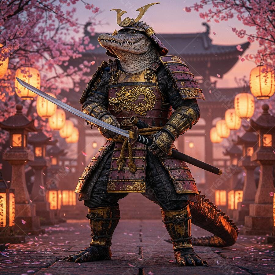 Jacaré Samurai sob Cerejeiras em Flor
