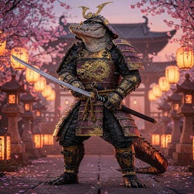 Jacaré samurai vestindo uma armadura de samurai tradicional japonesa