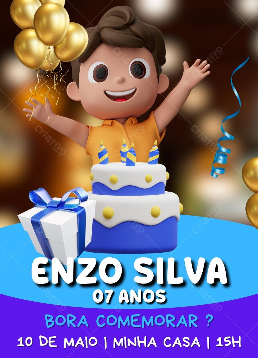 Convite de aniversário infantil 3D azul e dourado Editável no Canva