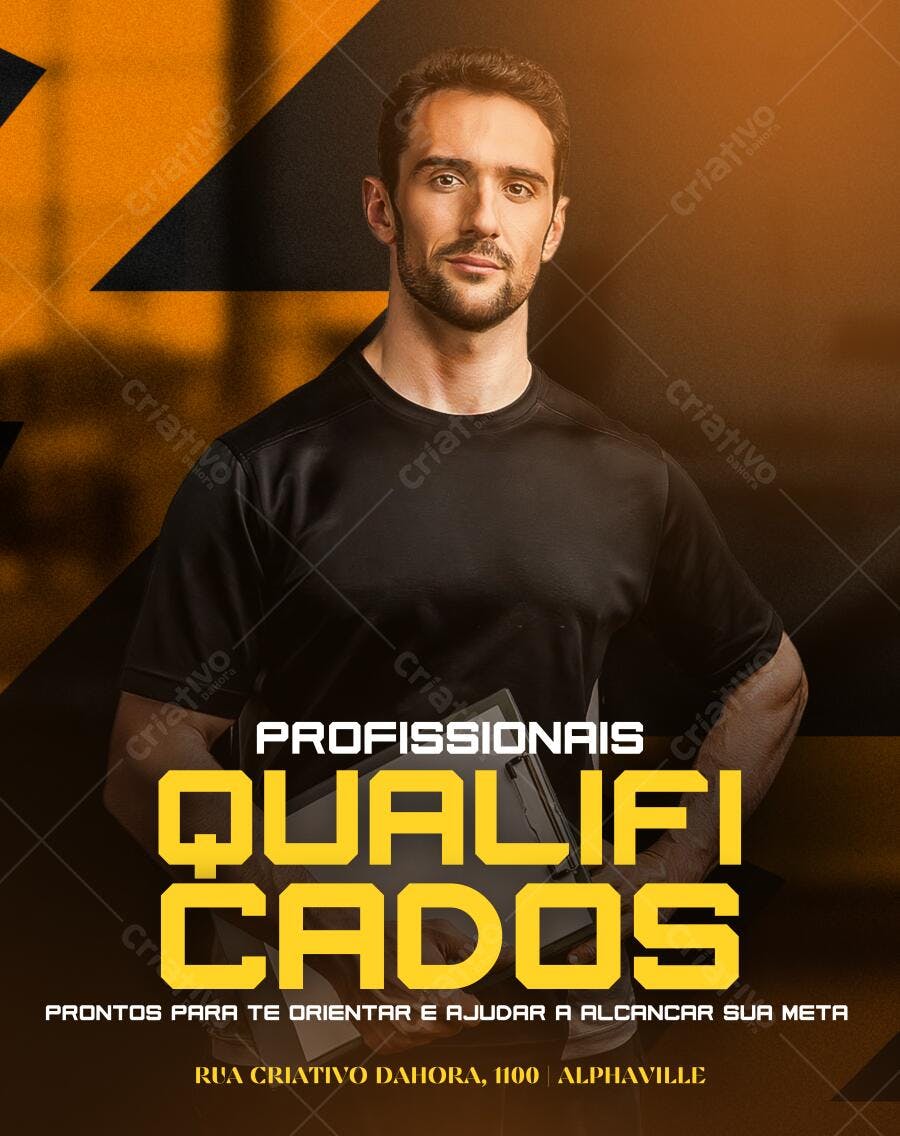 Template de anúncio Profissionais Qualificados fundo preto e laranja Editável no Canva