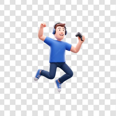 Personagem 3D com fones de ouvido pulando feliz segurando joystick