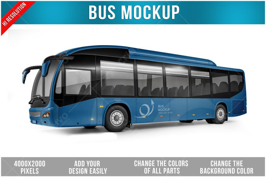 Mockup de Ônibus Azul Realista para Design de Transporte