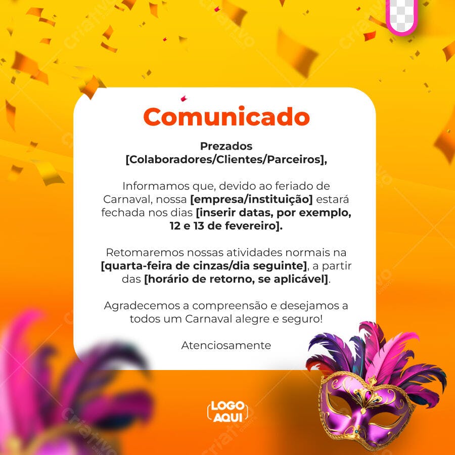 Comunicado Carnaval PSD Editável