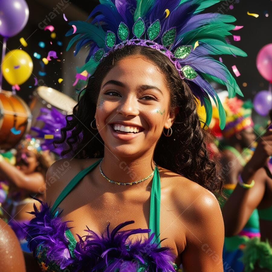 Mulher negra sorridente em desfile de carnaval