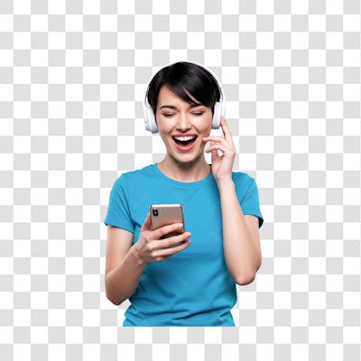 PNG Mulher desfruta de música favorita através de fones de ouvido sem fio segurando telefone móvel 