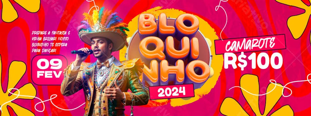 Bloco Alegre com Fantasias Coloridas no Carnaval selo 3d colorido amarelo vermelho selo 3d
