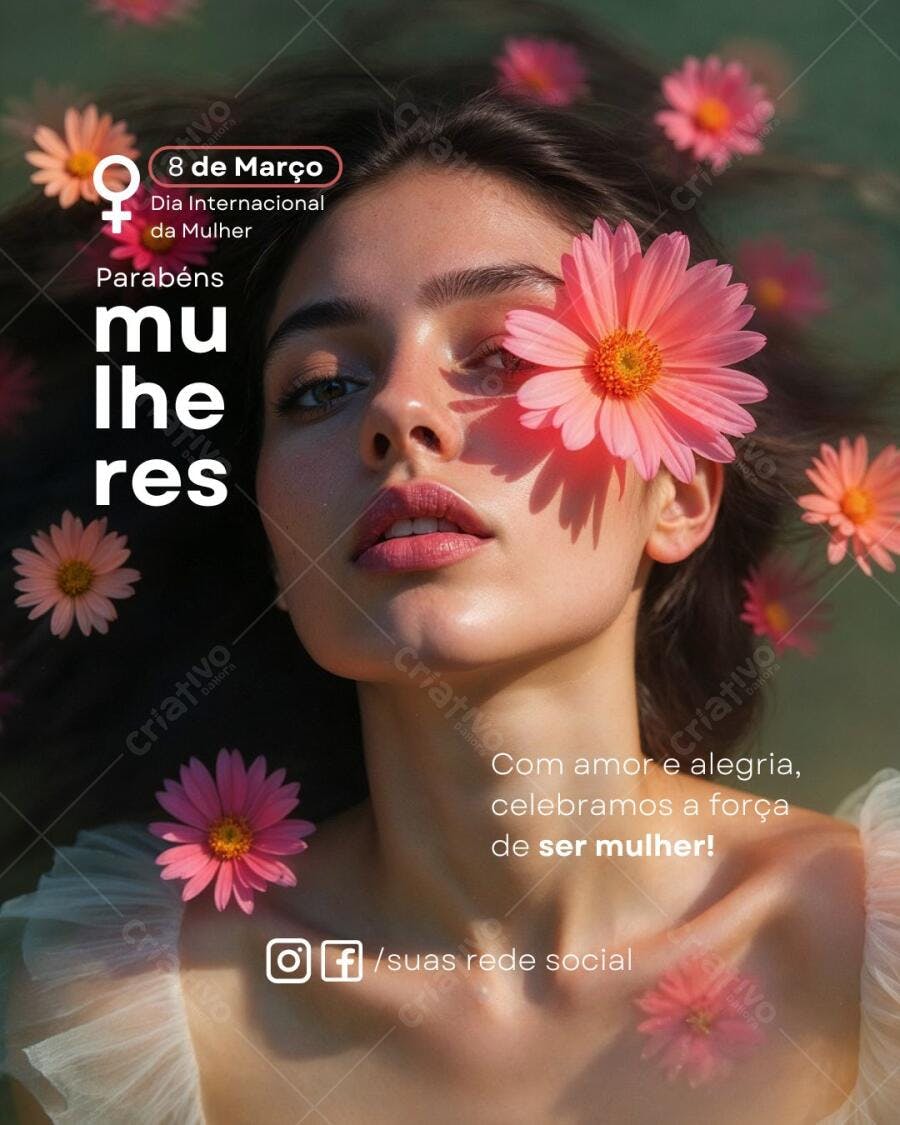 Post Instagram Dia Internacional da Mulher com flores cor-de-rosa Editável no Canva