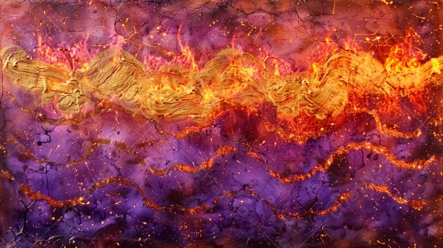 Arte abstrata ouro e roxo fogo