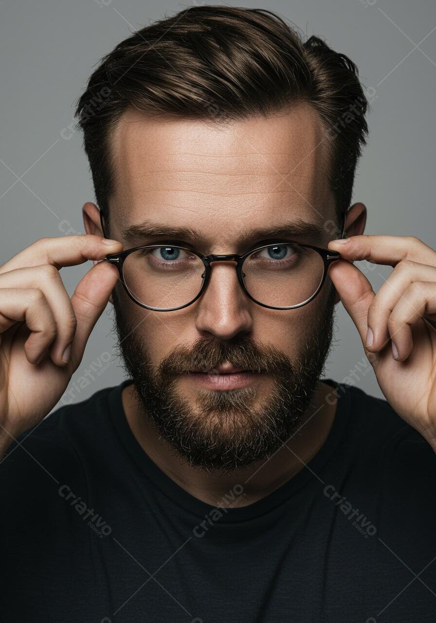 Homem barbudo com óculos ajustando armação