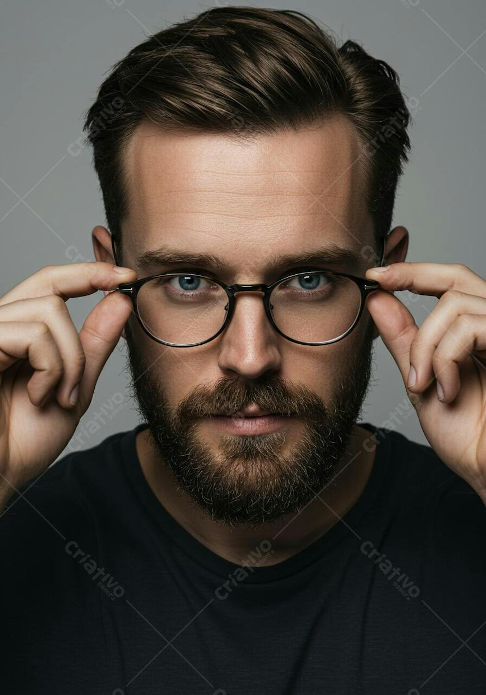 Homem com Barba com a Mão na Armação do Óculos de Grau