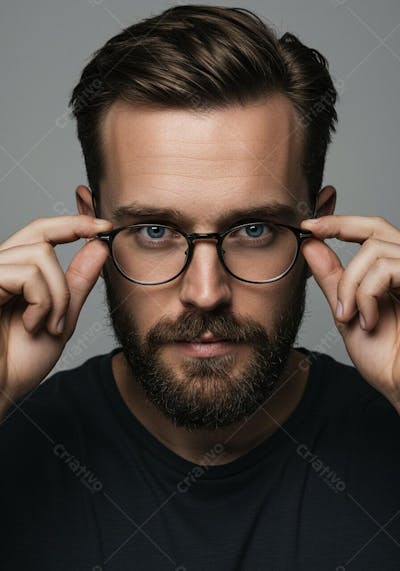 Homem com Barba com a Mão na Armação do Óculos de Grau