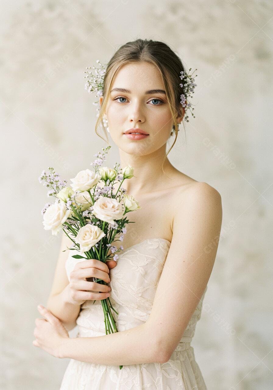 Noiva segurando buquê de rosas e flores lilás