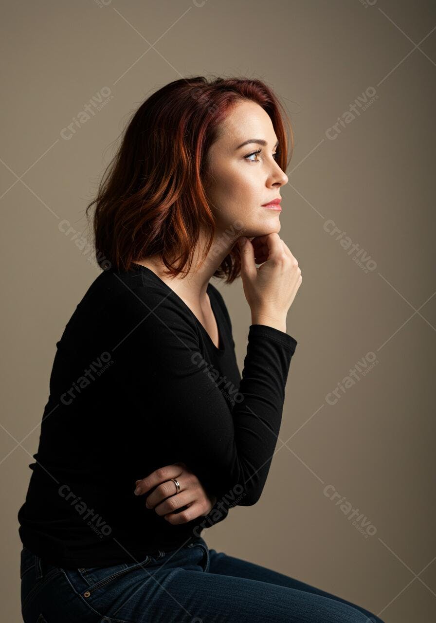 Mulher com cabelo ruivo pensativa em estúdio
