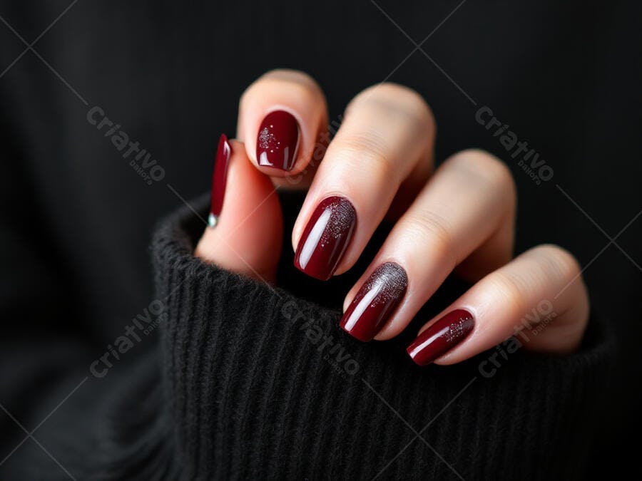 Unhas com esmalte vinho e glitter