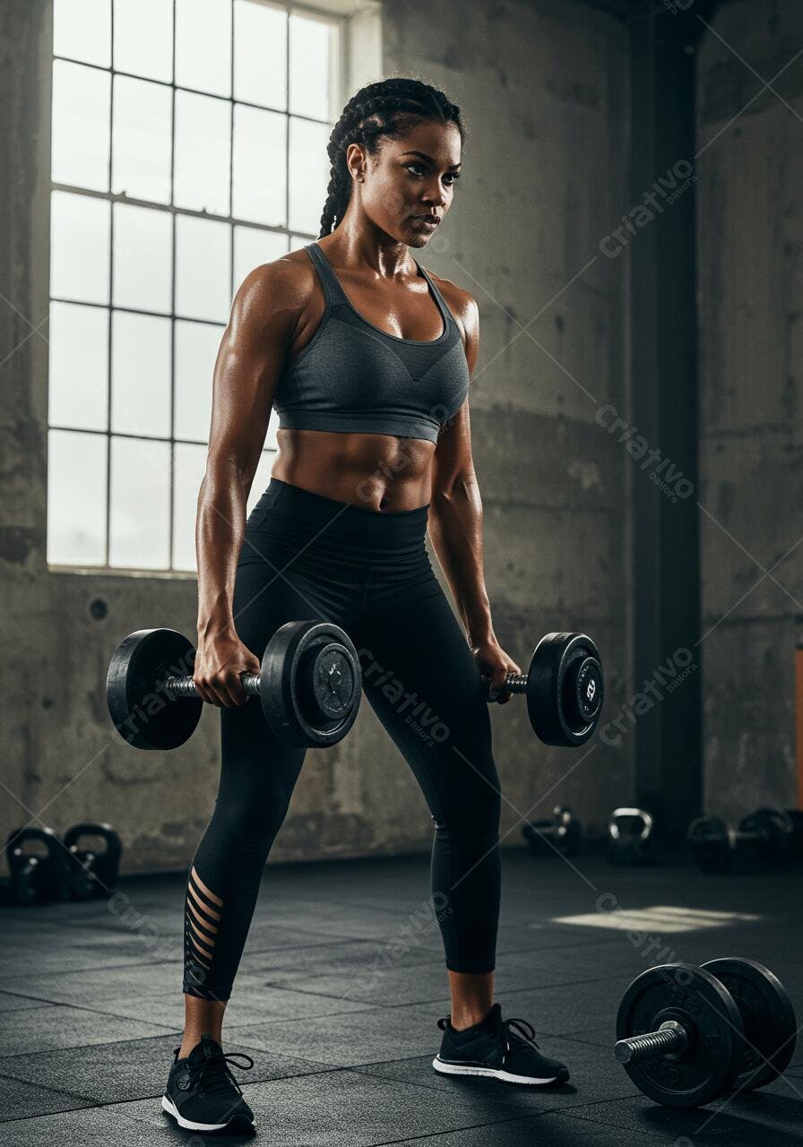 Mulher negra forte levantando halteres na academia
