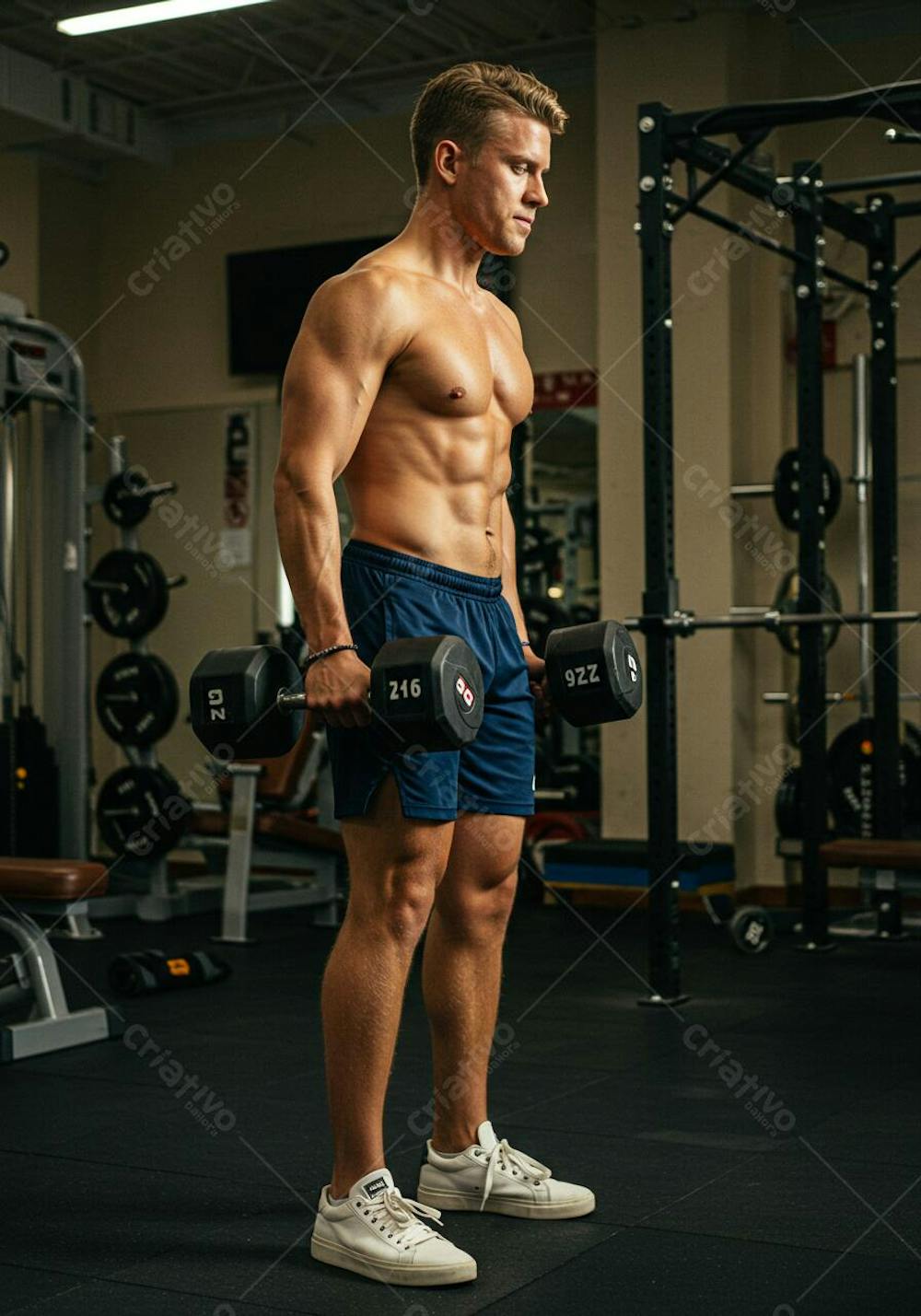 Homem loiro fitness erguendo peso na academia