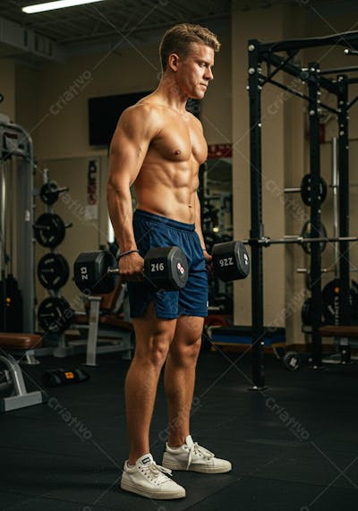 Homem loiro fitness erguendo peso na academia