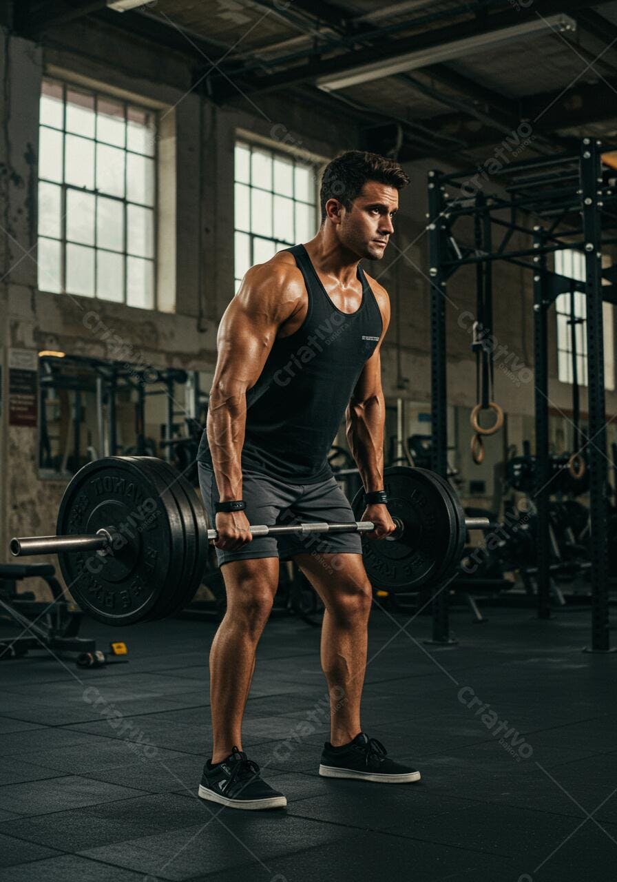 Homem musculoso levanta peso na academia