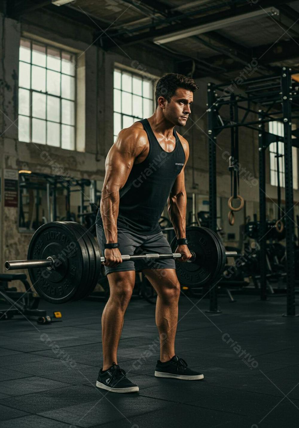 Homem moreno fitness erguendo peso na academia