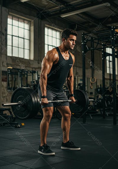 Homem moreno fitness erguendo peso na academia