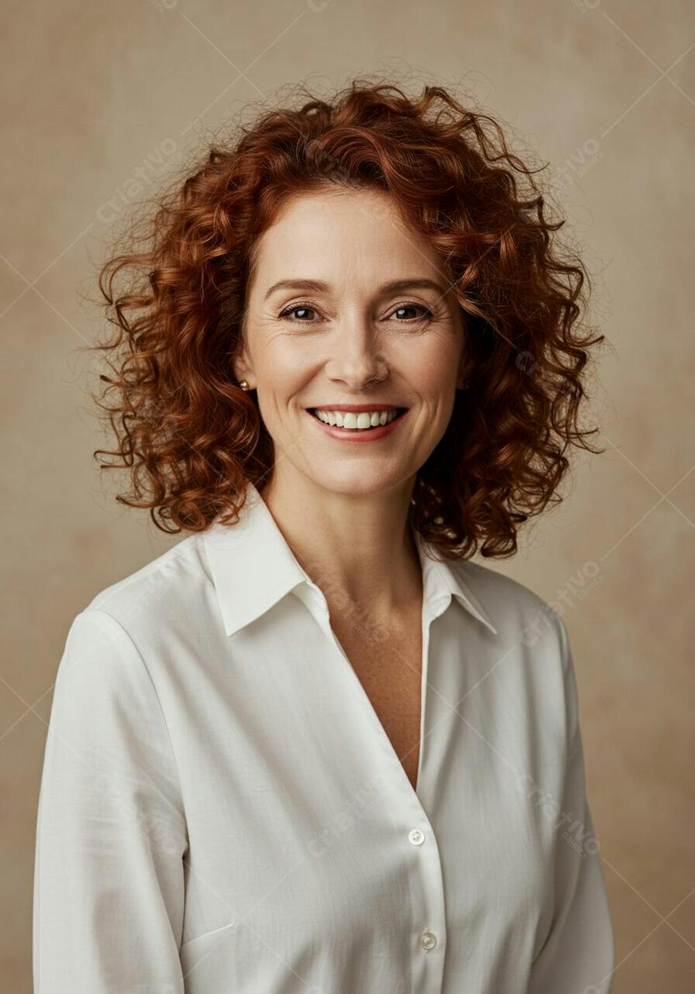 mulher ruiva sorridente com camisa branca