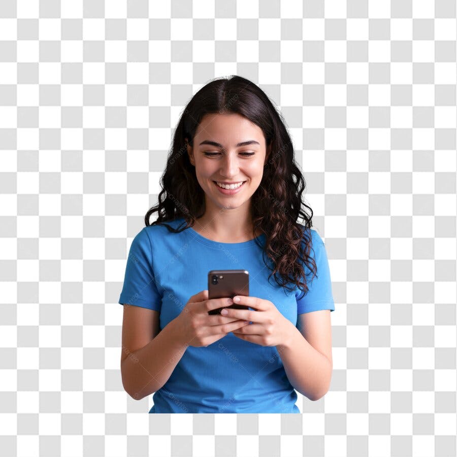 Post Instagram Mulher usando celular PNG com fundo transparente
