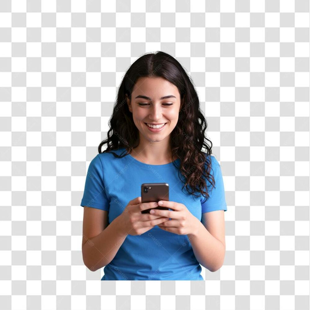 Mulher sorridente usando e olhando para um smartphone