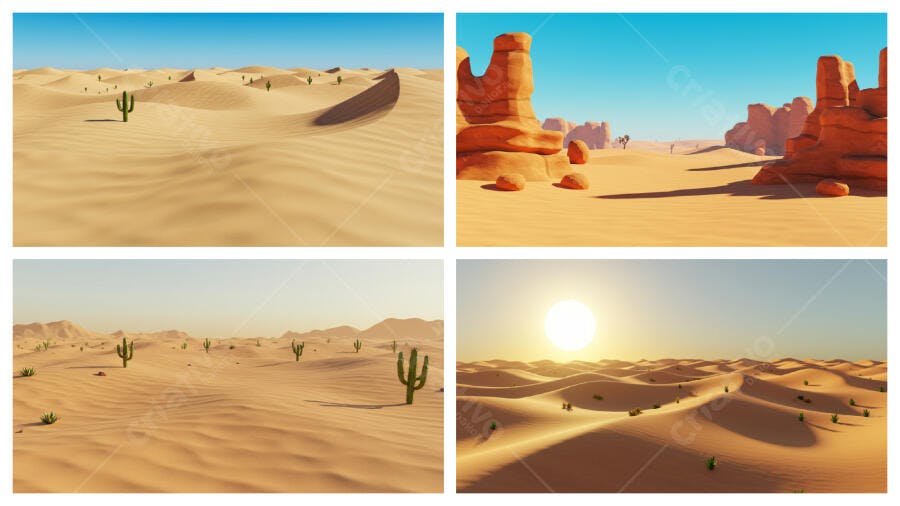 Paisagem Desértica com Cactos e Dunas Areia
