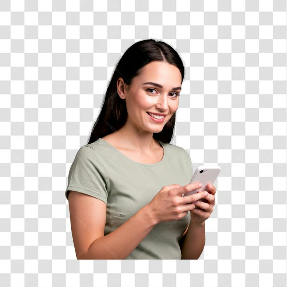 Mulher sorridente de lado usando smartphone