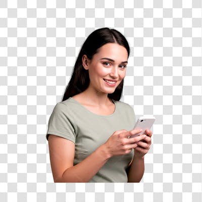 Mulher sorridente de lado usando smartphone
