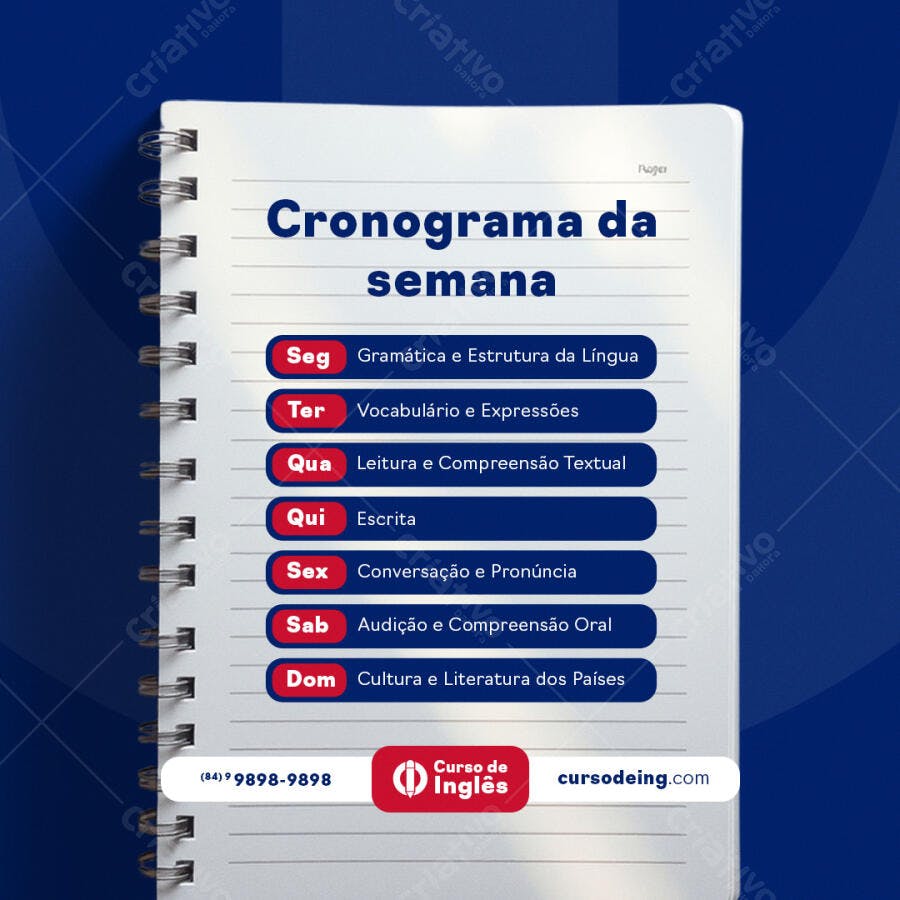 Cronograma Semanal Curso de Inglês PSD Editável