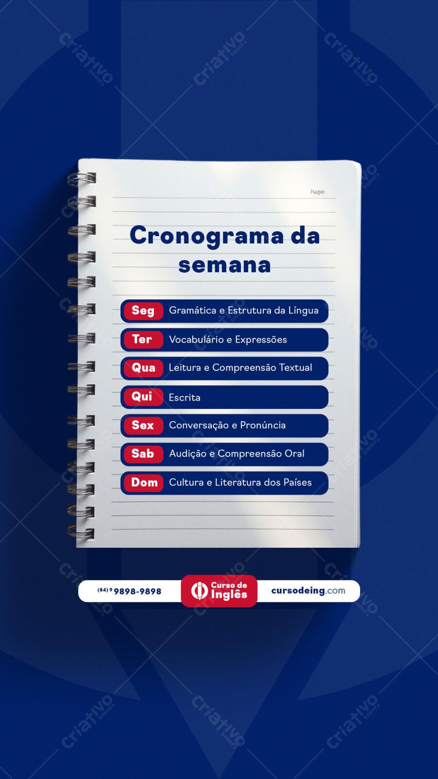 Cronograma de Aula de Inglês PSD Editável