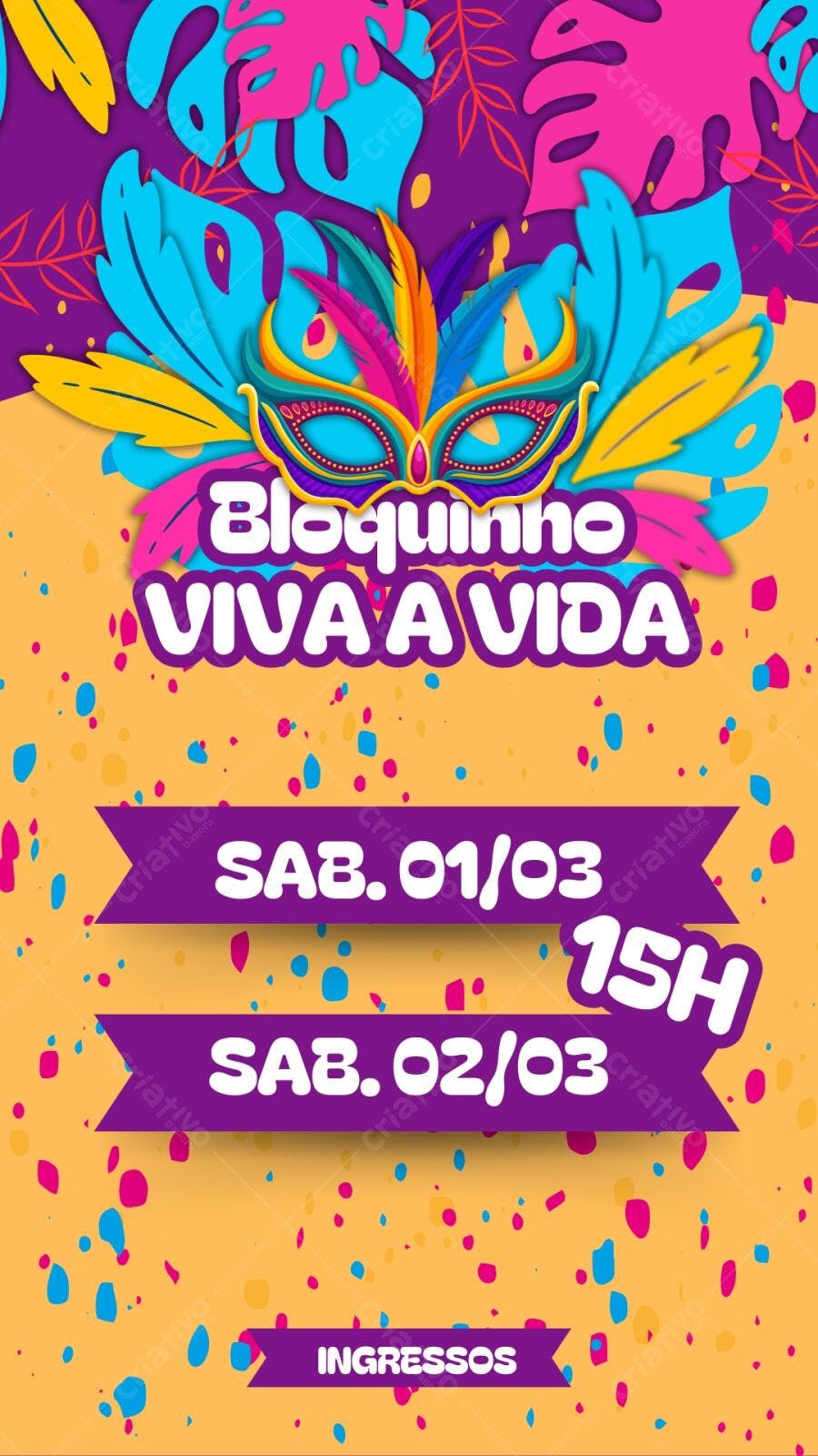 Flyer Bloquinho Carnaval Viva a Vida Colorido Editável no Canva