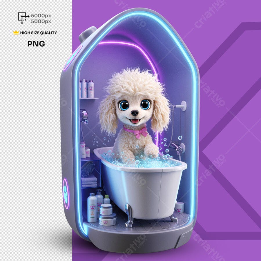 PSD para Pet Shop: Cachorro Poodle Banho Ilustração PSD Editável