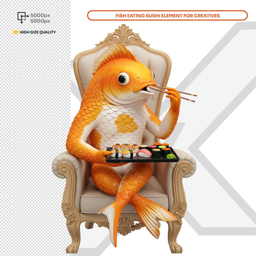 Ilustração Peixe comendo Sushi PSD Editável