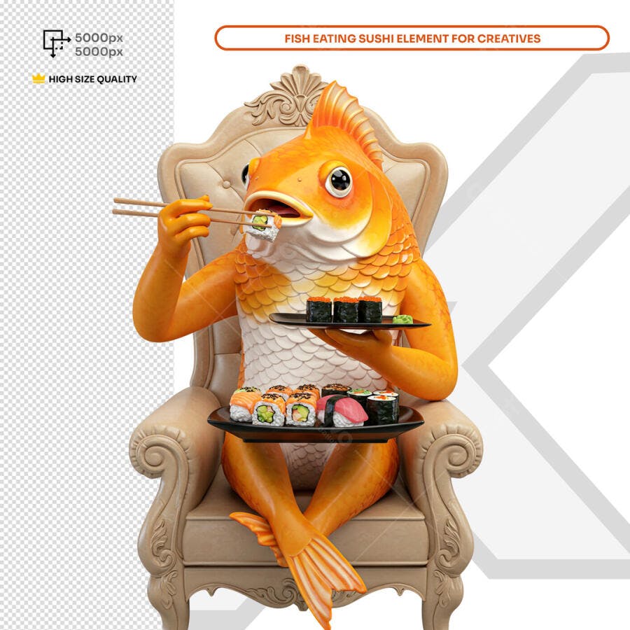 PSD Peixe comendo Sushi Ilustração 3D