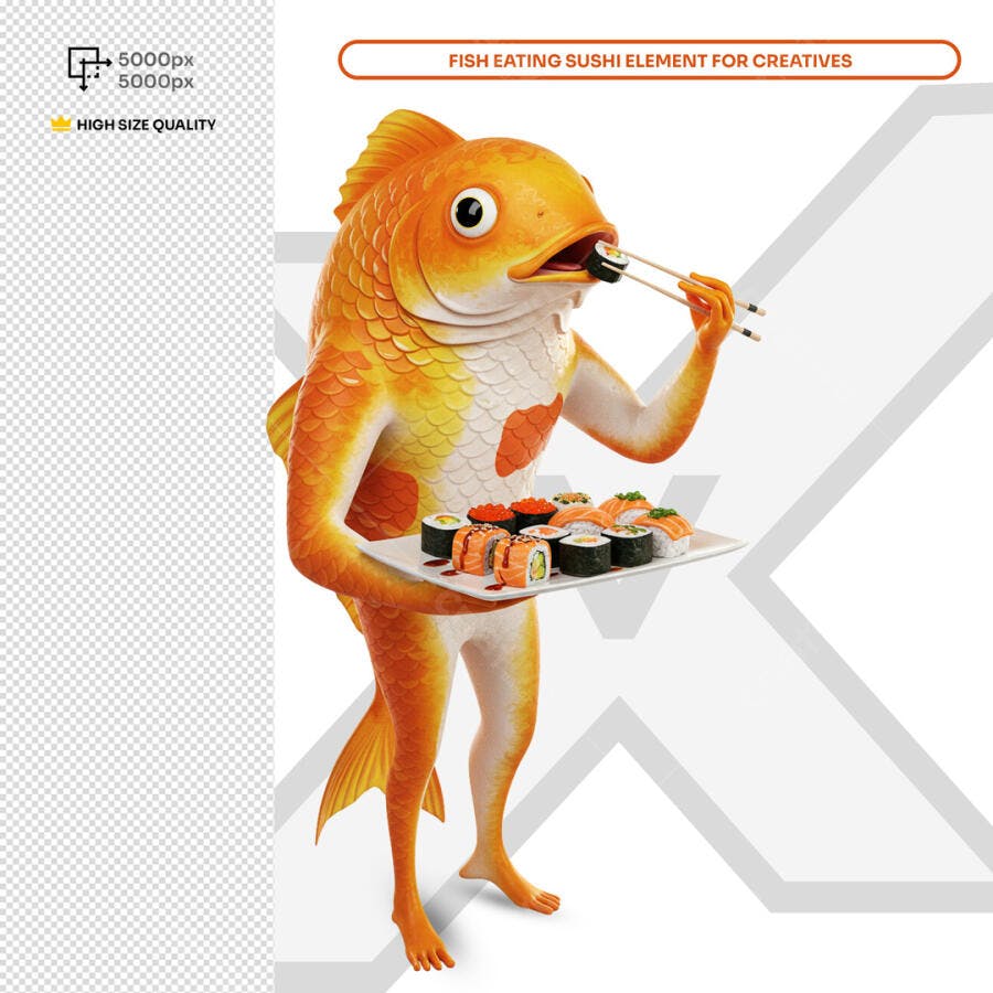 PSD Personagem Peixe com Sushi para Cardápio de Restaurante Japonês Editável