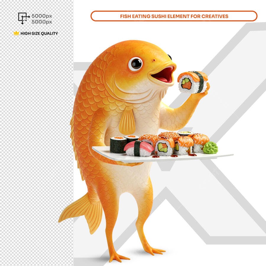 Ilustração Peixe com Sushi PSD Editável
