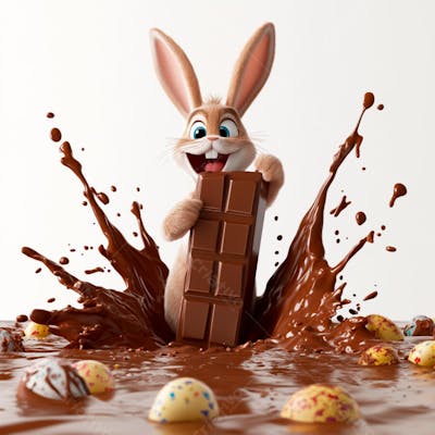 Imagem coelho 3d em uma poça de chocolate  