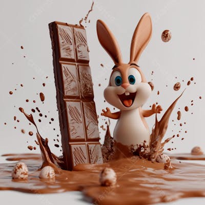 Imagem coelho 3d em uma poça de chocolate  