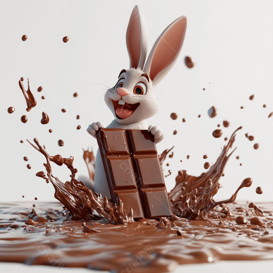 Coelho animado em banho de chocolate