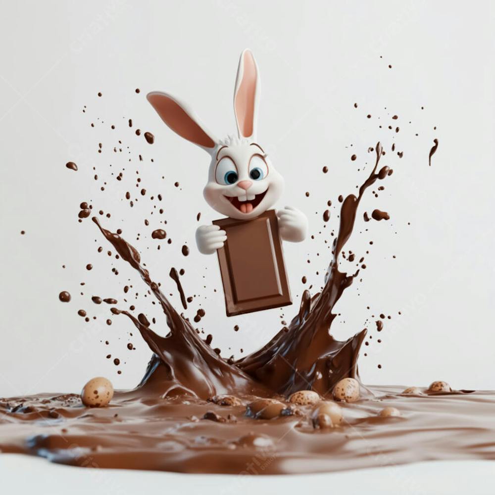 Imagem coelho 3d em uma poça de chocolate  