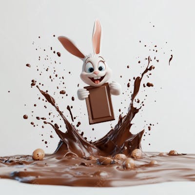 Imagem coelho 3d em uma poça de chocolate  