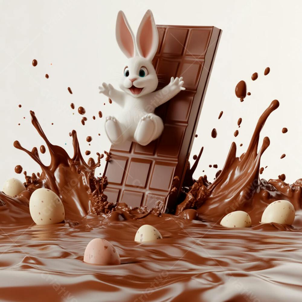 Imagem coelho 3d em uma poça de chocolate  