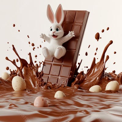 Imagem coelho 3d em uma poça de chocolate  
