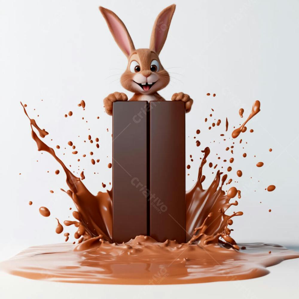 Imagem coelho 3d em uma poça de chocolate  