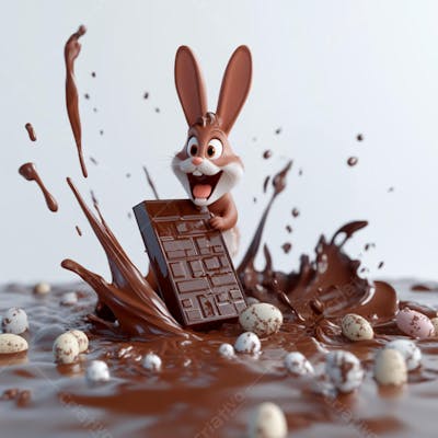 Imagem coelho 3d em uma poça de chocolate  