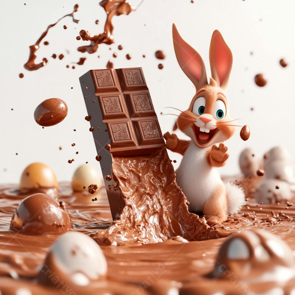 Imagem coelho 3d em uma poça de chocolate  